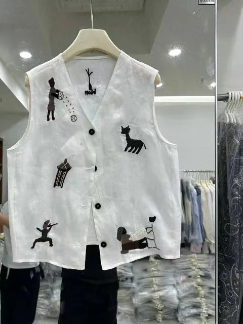 

Loose Fit V-Ne Embroidered Linen Svel Vest Women's Faionable Versatile Summer New Arrival Casual Comfortable Top