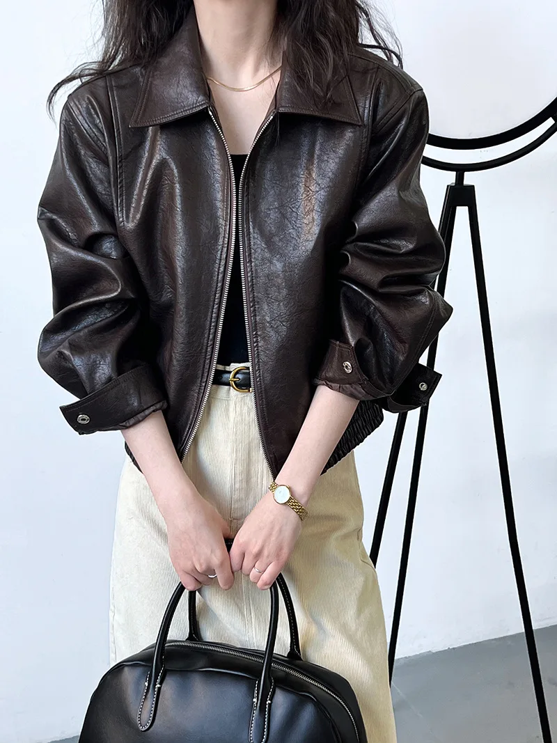 American Vintage PU Leather Jacket Women Turn-down Collar Zipper Long Sleeve Coat Korean Chic Simple All-match Autumn Winter Top