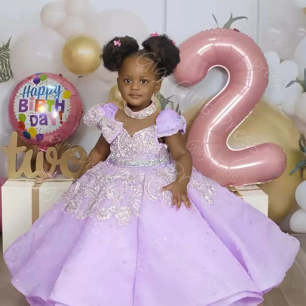 Girls Birthday Dress Glitter Beaded Appliques Ball Gown With Pearls Sheer Neck Cap Sleeves Flower GIrl Dress Custom Party Frock