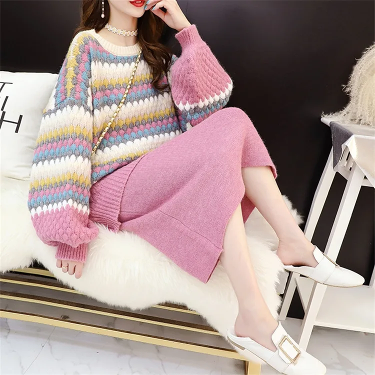 

Korean Fashion Two Piece Sets Womens Outifits Knitted Sweater Dress Sets Loose Pullover Sweater Skirt Suit Womens Tracksuits