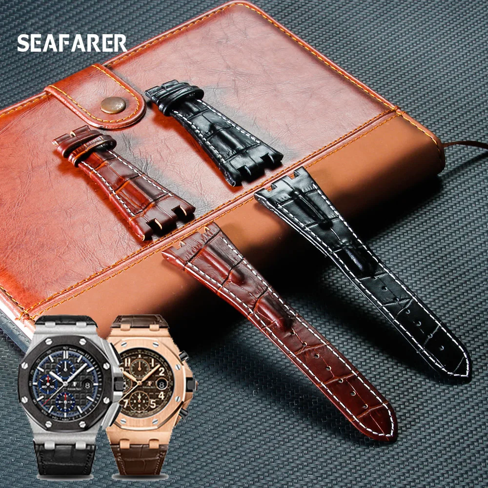 Watch accessories bone grain Genuine leather strap folding buckle for AP 15703 26470  Royal Oak offshore 28mm men\'s strap