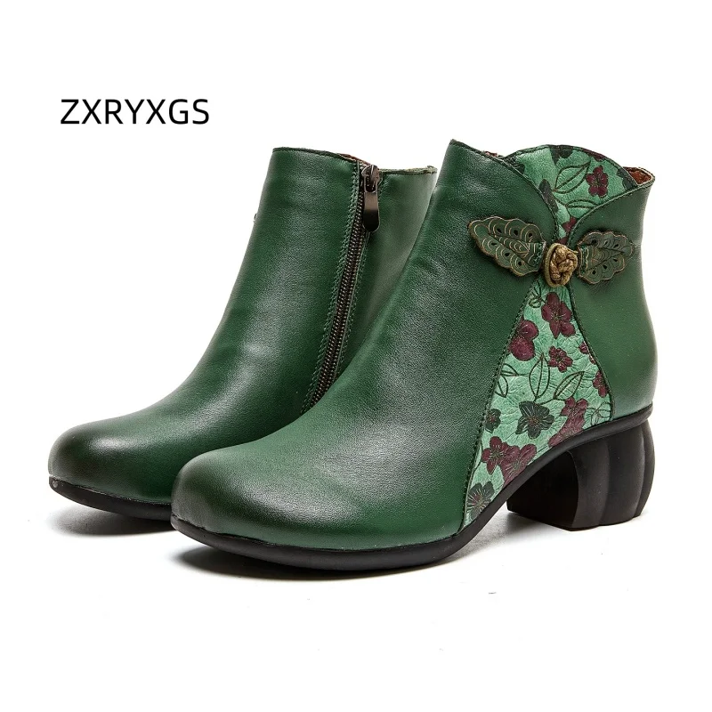 

ZXRYXGS 2025 Top Layer Cowhide Retro Women's Fashionable Boots Round Toe Versatile Thick Mid Heels Real Leather Print Boots Tide