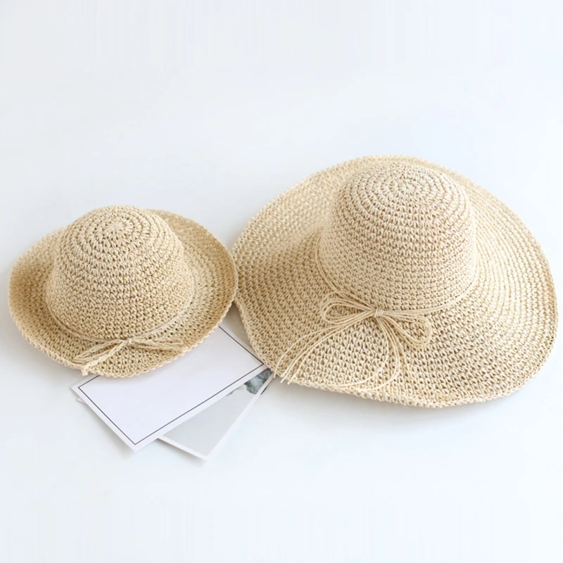 2024 New Girls Hand Made Sun Hat Kids Summer Raffia Straw Hat Big Brim Beach Cap Foldable Breathable Summer Parent-child Hat