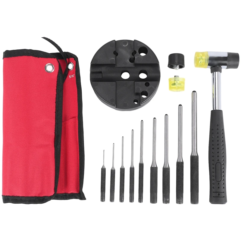 

New Roll Pin Punch Set With Storage Pouch,Smithing Punch Removing Repair Tools,With Bench Block Pin Punches And Hammer