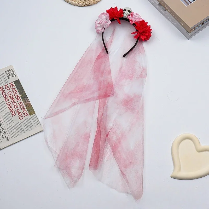 

10pcs Halloween White Red Rose Bloodstain Mesh Headwear Ghost Bride Flower Headband Party Holiday Festival