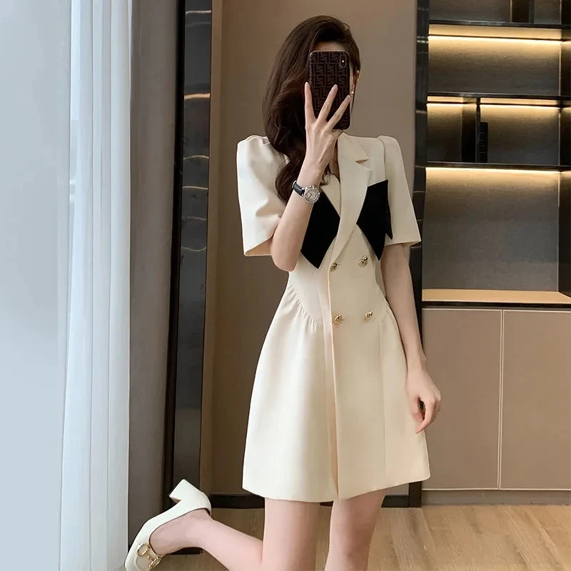 Elegant Notched collar Short Puff Sleeves A-line Mini Blazer Dresses Women Summer New Bow Ruched Slim OL Short Dress Vestidos