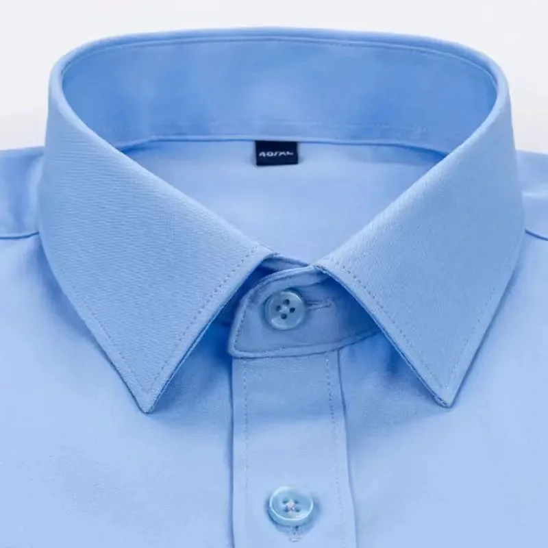 Classic Men\'s Business Shirts Summer Short Sleeve Solid Elastic Non-ironing Anti-wrinkle Business Slim Fit White Shirts Plus 5XL