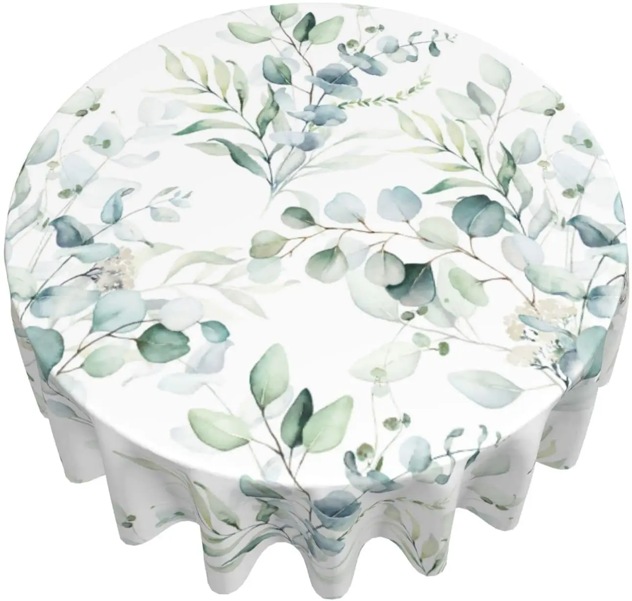 Spring Leaf Floral Sage Tablecloth Round 60 Inch Ruitic Watercolor Table Cloth Waterproof Fabric Green Grey Leaves Tablecloths