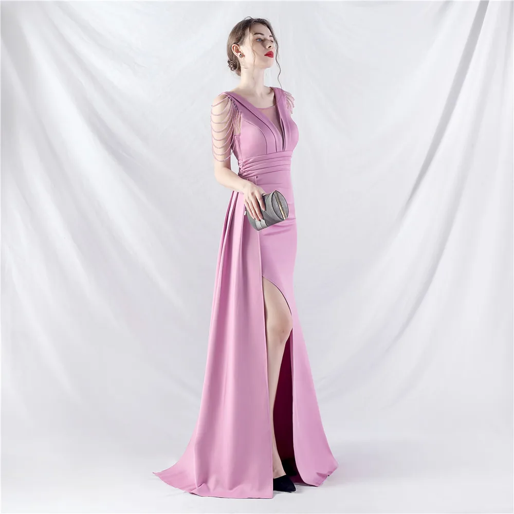 DEERVEADO 8 Colors Luxury Beading Evening Dress for Woman Elegant Mermaid Satin Formal Occasion Dresses Prom Party Maxi Dress