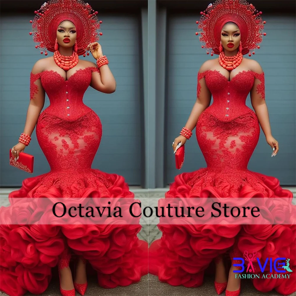 

Aso Ebi Красные кружевные вечерние платья с открытыми плечами, черные бусины для девушек 2024, роскошное платье на день рождения с оборками, официальное платье с рукавом на заказ