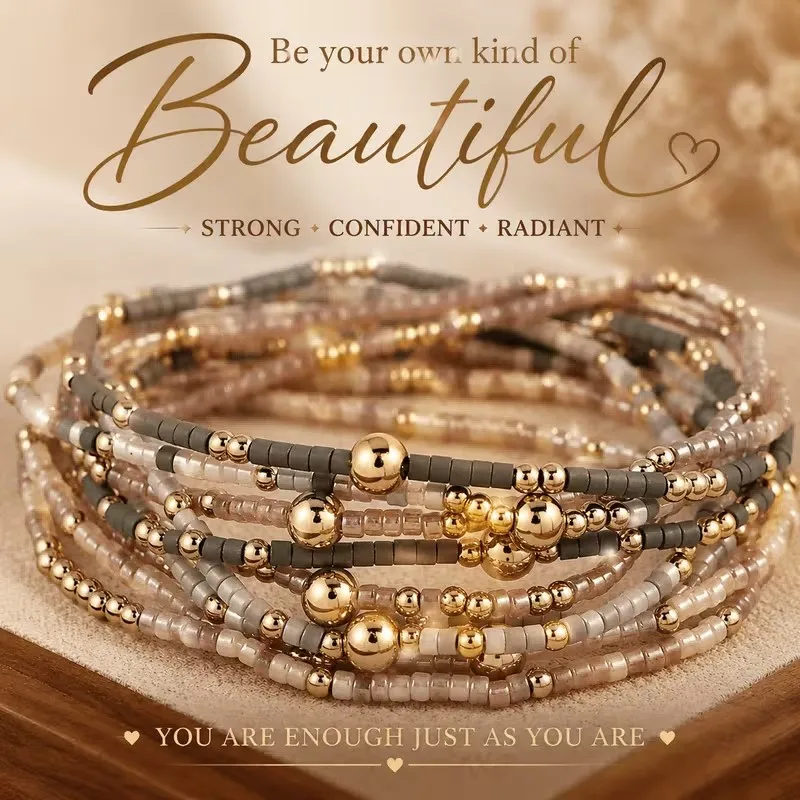9pcs/Set Random Colors Bohemian Tube Bead Rice Bead Bracelet for Women Handmade Beads Chain Bracelet Valentine'S Day Anniversary