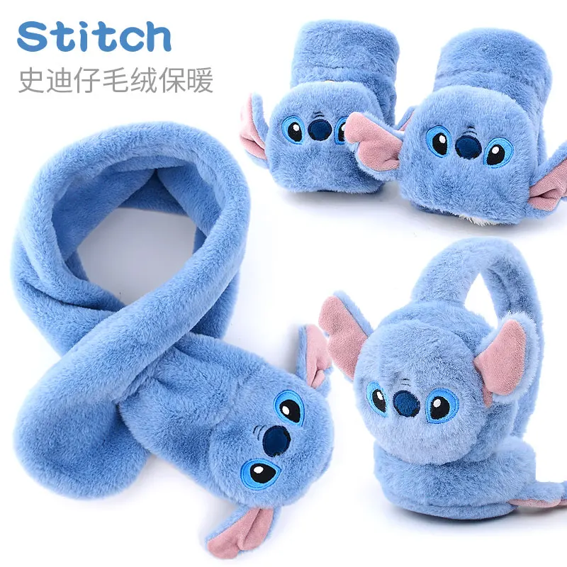 Disney Stitch Wintermütze, Schal und Handschuh-Set für Jungen und Mädchen, verdicktes warmes Plüsch-Fleece-Outdoor-Outfit, vollständig ohrbedeckende Kopfbedeckung