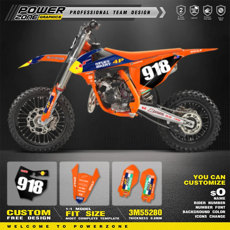 

PowerZone пользовательские графические фоны для команды, наклейки для 3M, комплект наклеек для KTM SX85 85 2018 2019 2020 85cc, номер имени, стоимость 12