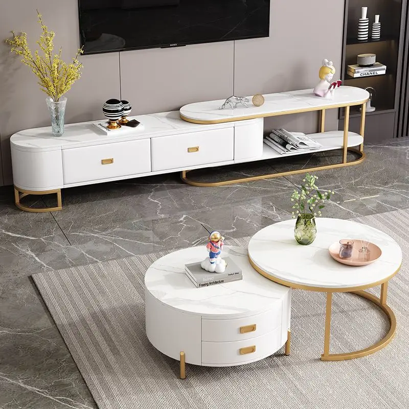 

Light luxury coffee table rock slab TV cabinet combined storage integrated retractable small apartment living room