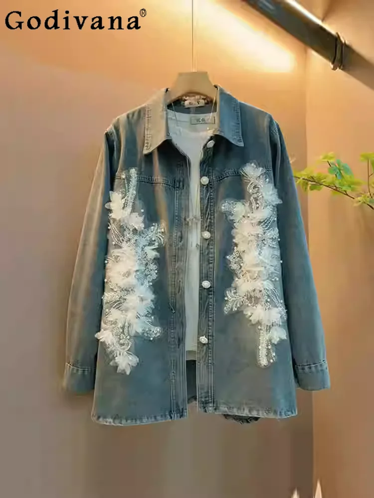 

Plus Size Women Turn-down Collar Fashion Beaded Long Sleeve Denim Jacket Heavy Industry Versatile Fashion Blue Simple Loose Coat