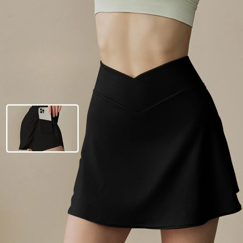 Summer Women with Pocket Tennis Skirts Shorts Sporty High Waisted Breathable Mini A-line Skirts Stretch Workout Badminton Skirts