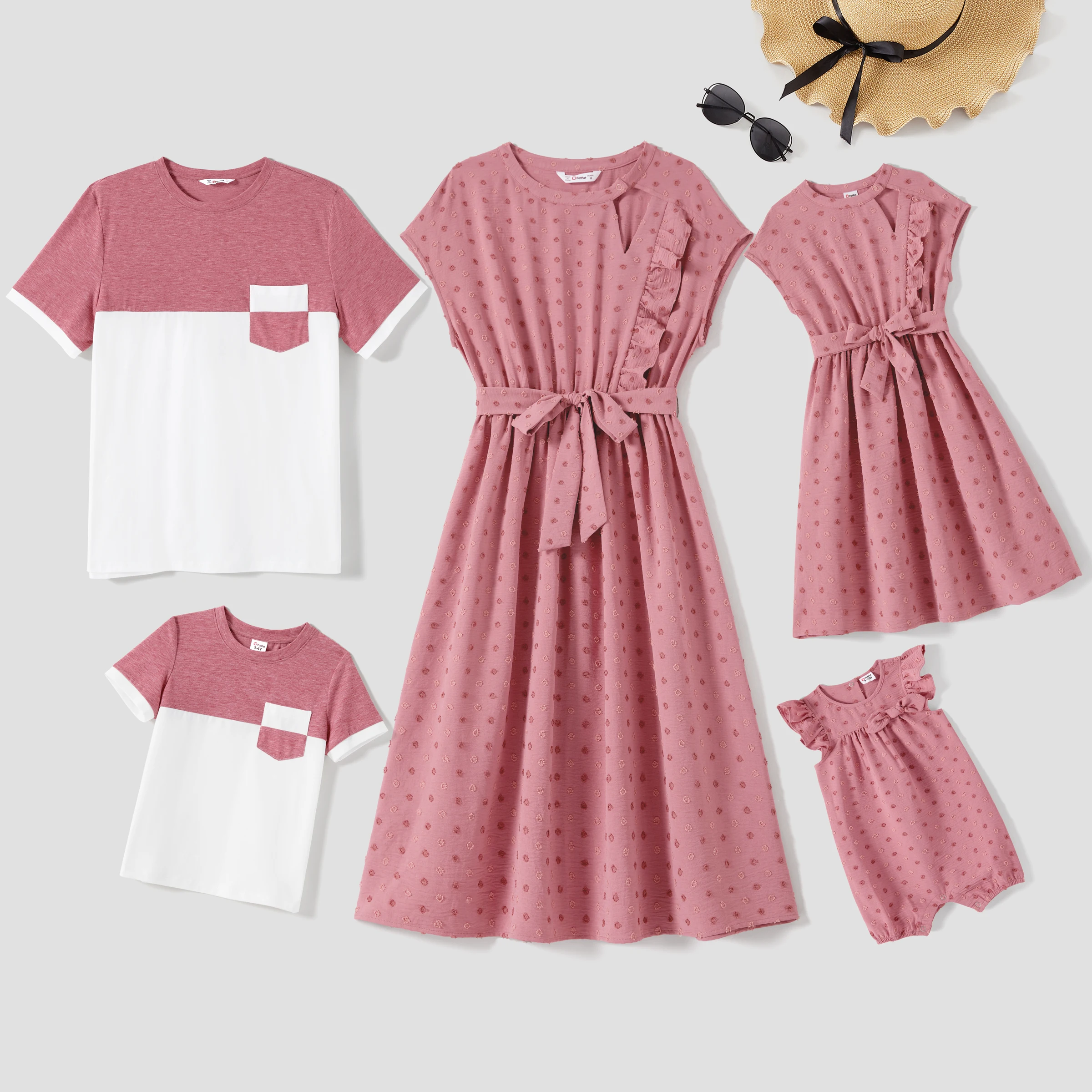 

PP PatPat Family Matching Swiss Dot Belted Dresses and Two Tone Short-sleeve T-shirts Sets