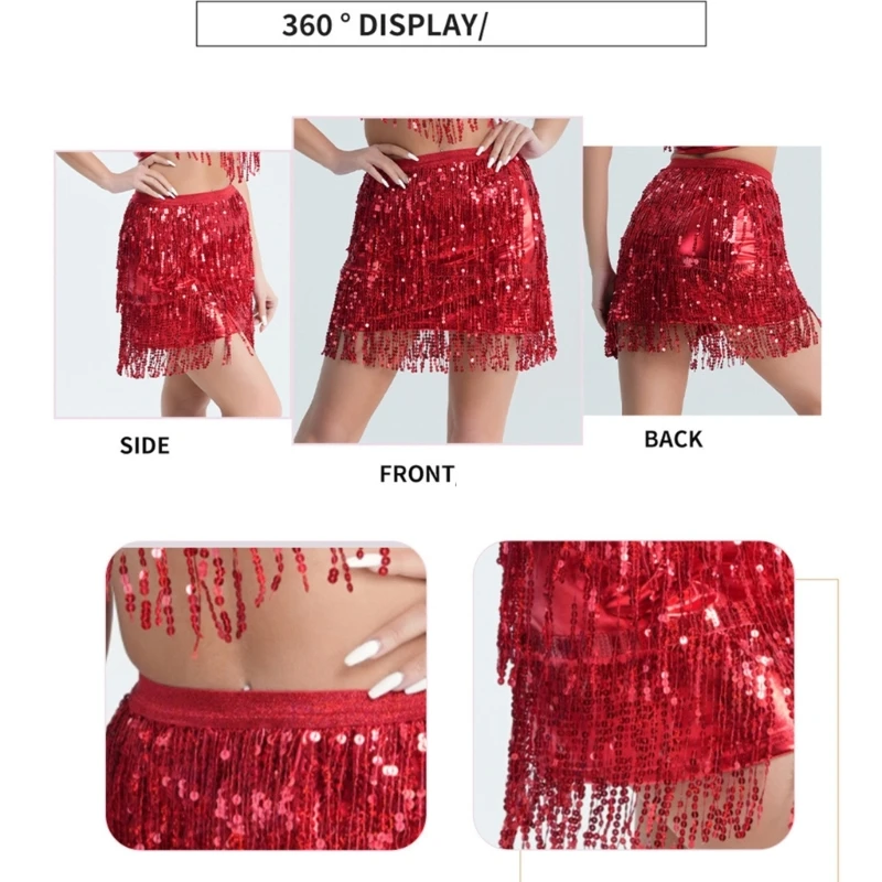 Women's Fringe Skirt Double Layer Sequins Tassels Elastic Waist Mini Skirts for Concerts and Music Festivals