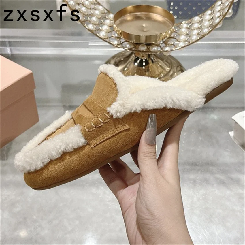 

Winter Platform Wool Slippers Women Platform Casual Slides Fur Shoes Round Toe Half Flat Slippers Women's Sandals 2024