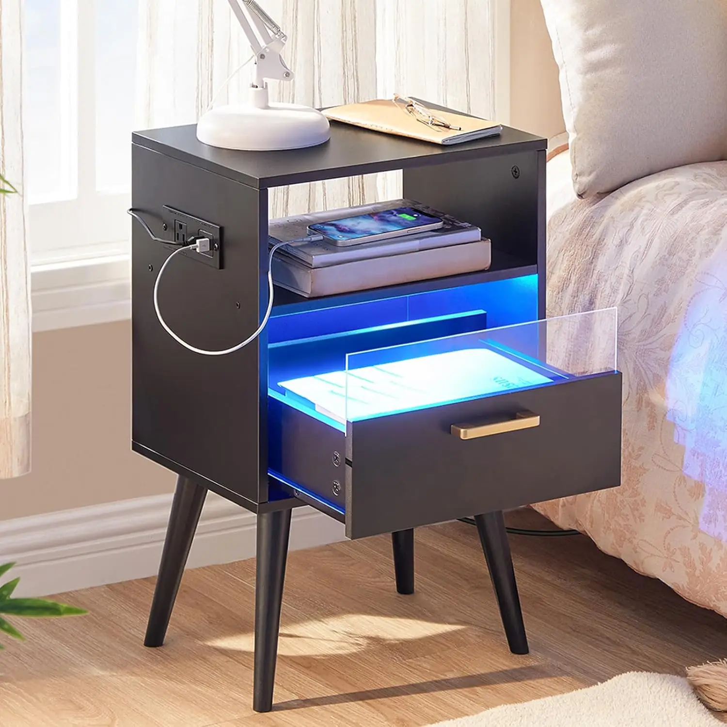 

Nightstand with Charging Station and LED Lights, Night Stands with Drawer, End Bedside Table with USB Ports & Outlets