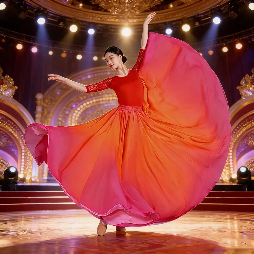 

720 Degree Dance Training Skirt Retro Gradient Color Flamenco Dance Skirt Big Swing Ballroom Dance Classical Dance Skirt Women