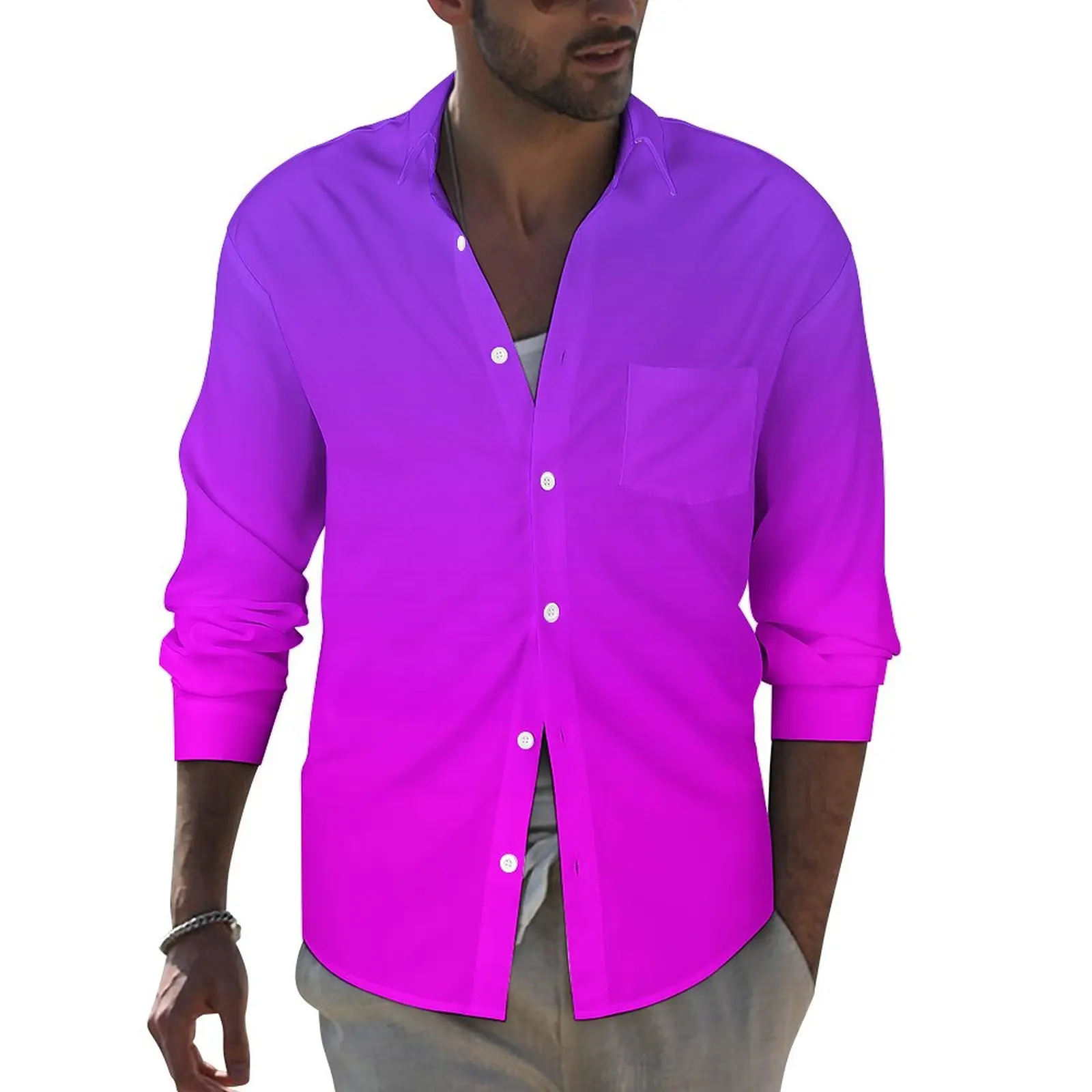 

Neon Ombre Print Shirt Men Purple and Pink Casual Shirts Spring Y2K Custom Blouses Long Sleeve Cool Oversized Tops Birthday Gift