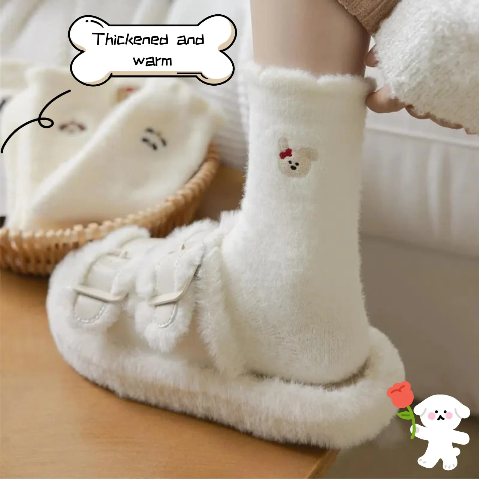 5 أزواج من الجوارب الغامضة للنساء، كارتون وجه مبتسم لطيف، جوارب منزلية مريحة من القطيفة، جوارب نوم قطيفة للغاية، جوارب لطيفة مريحة #4