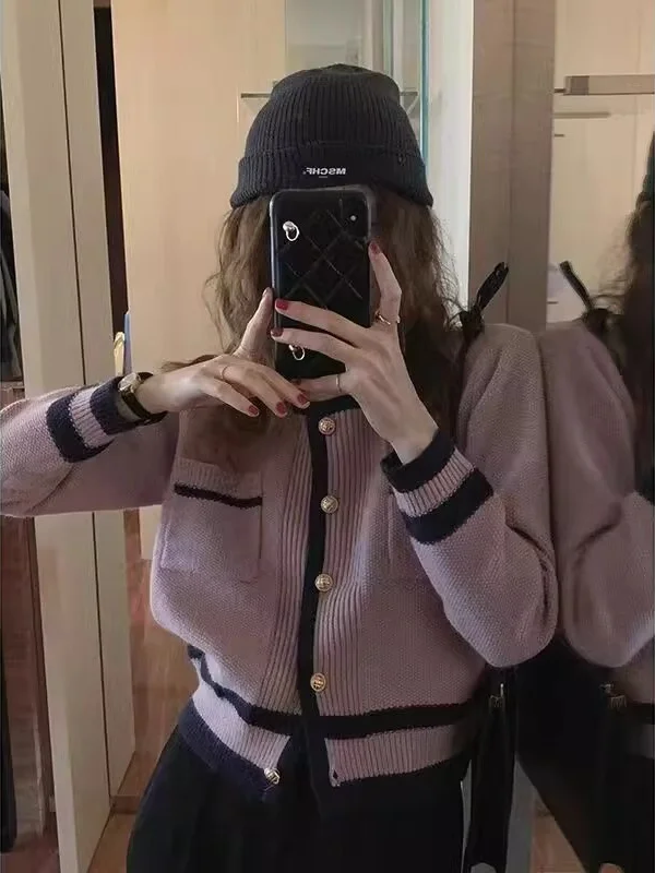 

Chic Vintage round Ne Splice Knitted Open Cardigan Loose Long Sve Women's Faion Spring Sweater Casual Loose Fit Sle