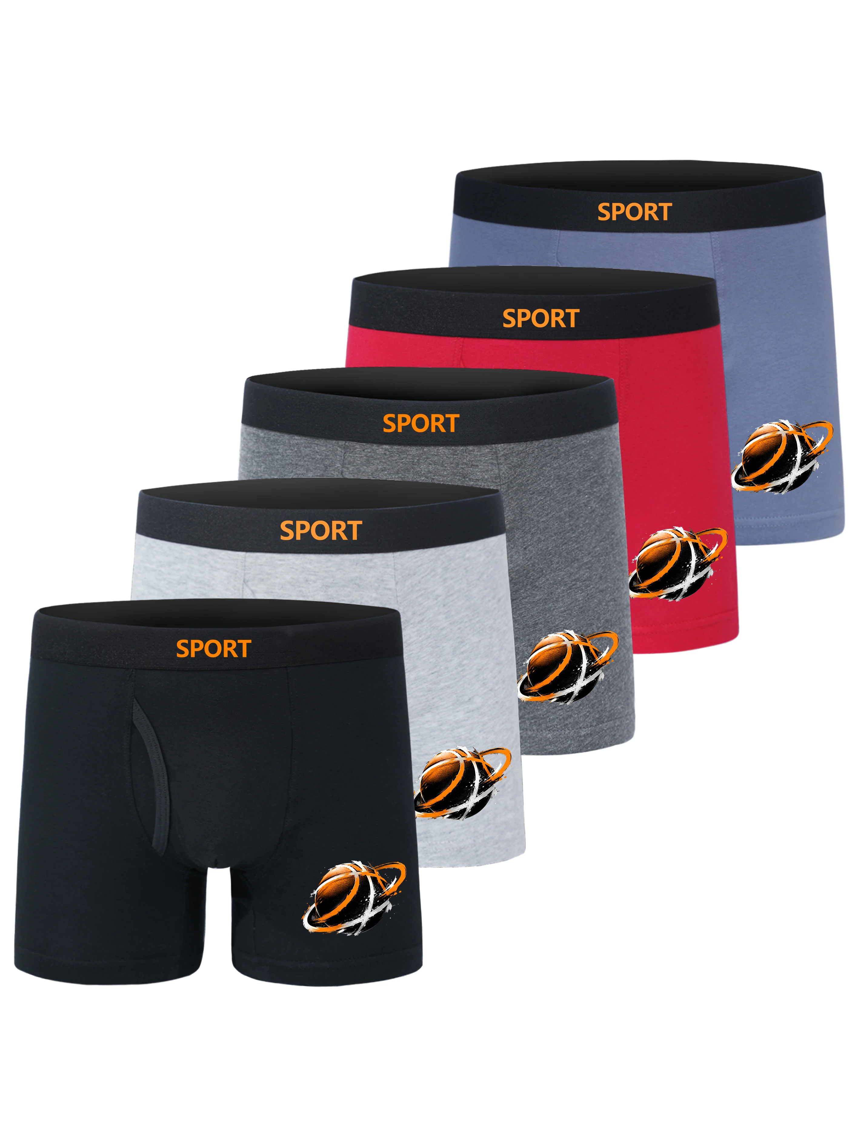 5 Pack 95% Cotton 5% Elastane Boys Open Fly Boxer Briefs Sport Basketball Planet Print Kids Soft Underwear For Boys