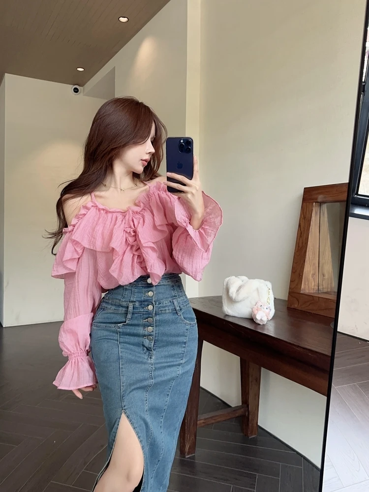 Chiffon Korean Elegant Blouse Women 2024 Casual Fashion Off Shoulder Blouse Female Long Sleeve Designer Pretty Pink Blouse