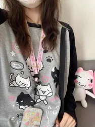 ADAgirl Kawaii Cat Print T-shirts for Women Anime Cartoon Graphic Raglan Sleeve Tops Gothic Japan Style Autumn Cutecore Clothes