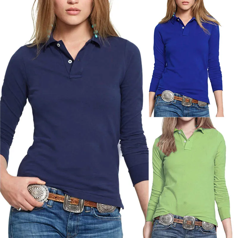 High Quality New Long Sleeve Pure color Polo Shirts  Casual Women Lapel T-Shirt Cotton Women Fashion Fit Tops Tee