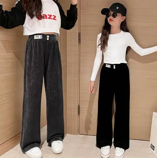 Spring Girls Casual Chenille Pants Loose Sport Elastic Waist Wide Leg Pants for Kids School Children Trousers