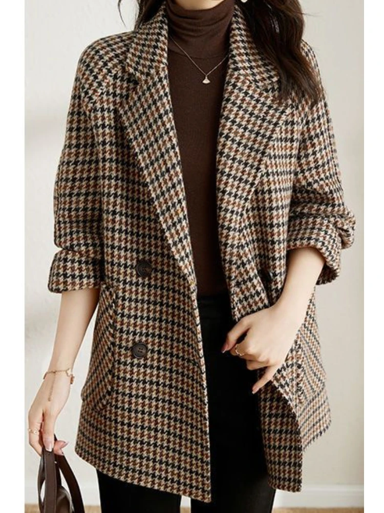 Houndstooth Blazer wol wanita, jaket jas kotak-kotak dua baris, pakaian luar Korea longgar, mantel wanita Vintage