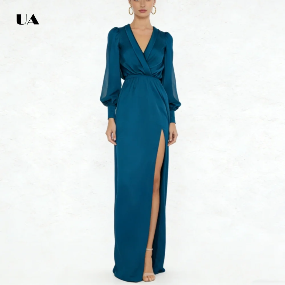 

ULBYANRY Satin Straight Prom Dress with V-Neck Solid Bishop Sleeves Evening Dress with Extended Cuff Slit Customized Party Gown