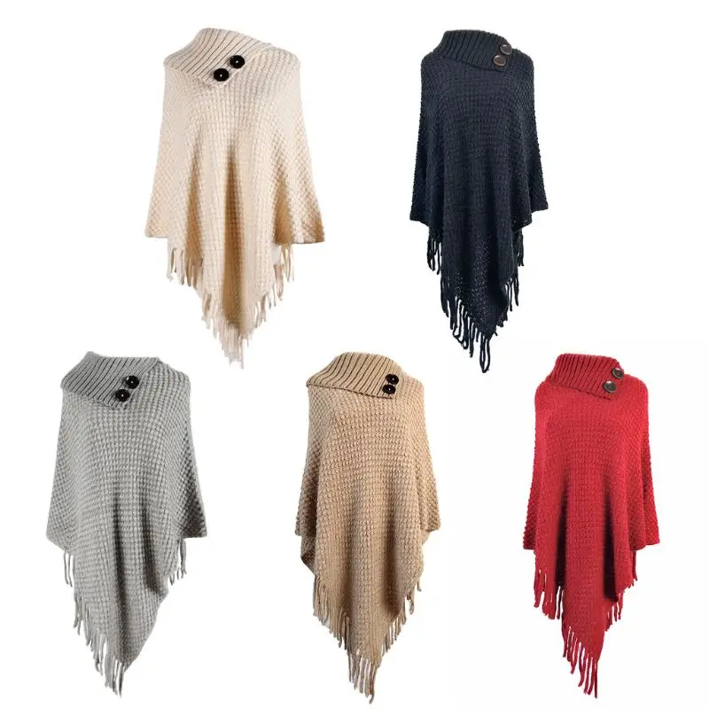 Women Knitted Pullover Sweater Top Half Opened Collar Buttons Warm Shawl Wrap Fringe Tassels Hem Solid Color Poncho Cape