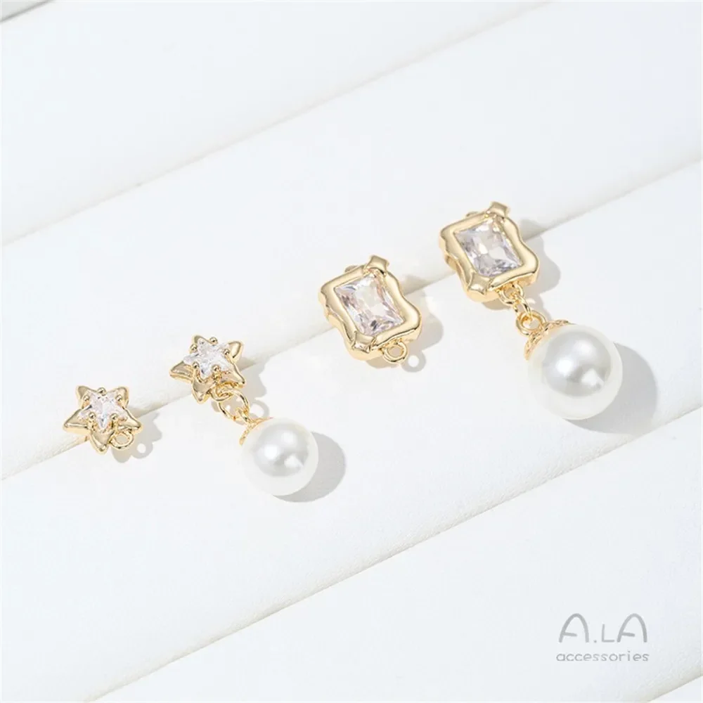 14K Gold Zircon Lava Five-pointed Star Peach Heart-shaped Rectangular Stud Earrings Silver Needle DIY Ear Jewelry Accessories
