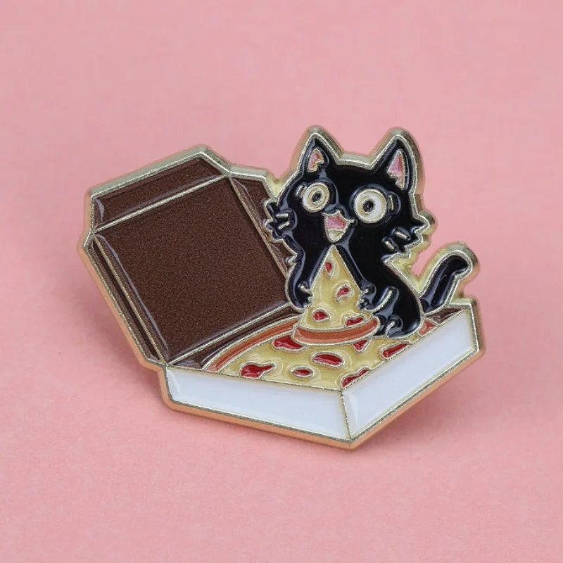 Charming Cat & Pizza Pin Brooch - Vintage Alloy Collectible Badge with Playful Kitten