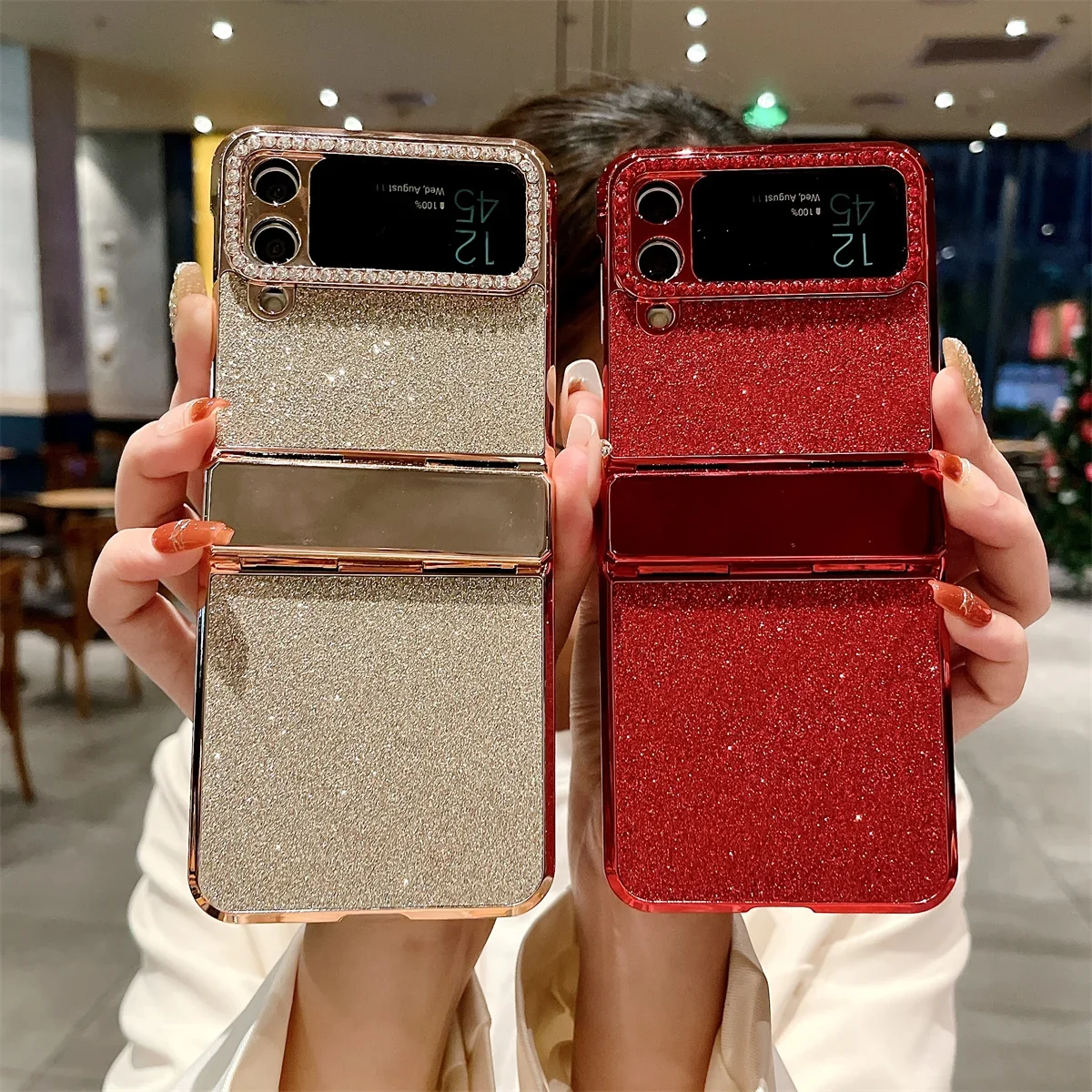 

Rhinestone Glitter Bling Pu Leather Trim Phone Case For Samsung Galaxy Z Flip 6 5 4 3 5G Hinge Plating Plastic Back Cover