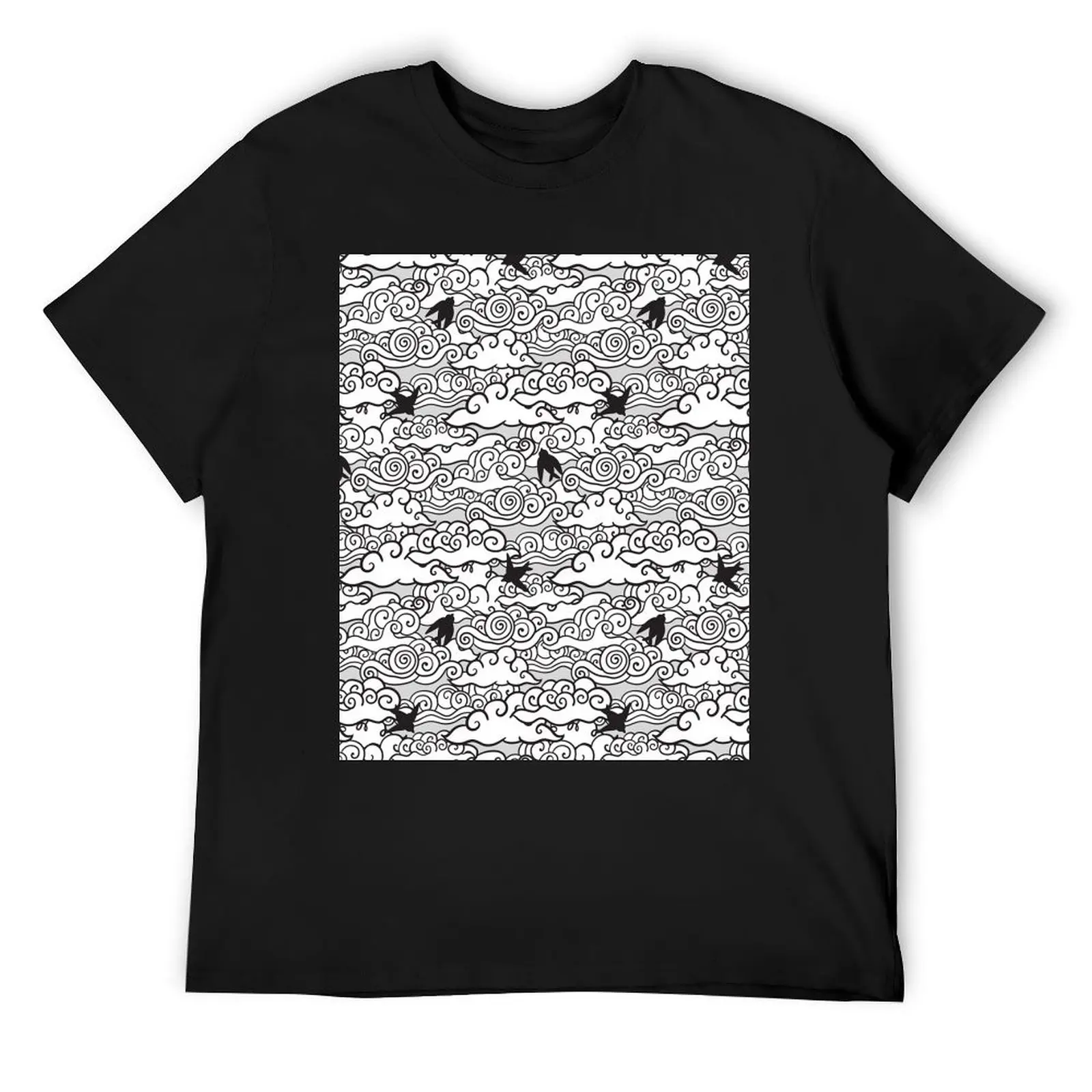 

Doodle clouds and swallows. Cloudscape pattern with birds. T-Shirt blanks for a boy designer t shirt men