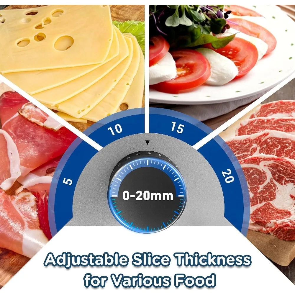 قطاعة لحم للمنزل بسمك قابل للتعديل 1-20 مم، قطاعة ديلي كهربائية لصينية الطعام، اثنان من 9 شفرات من الفولاذ المقاوم للصدأ