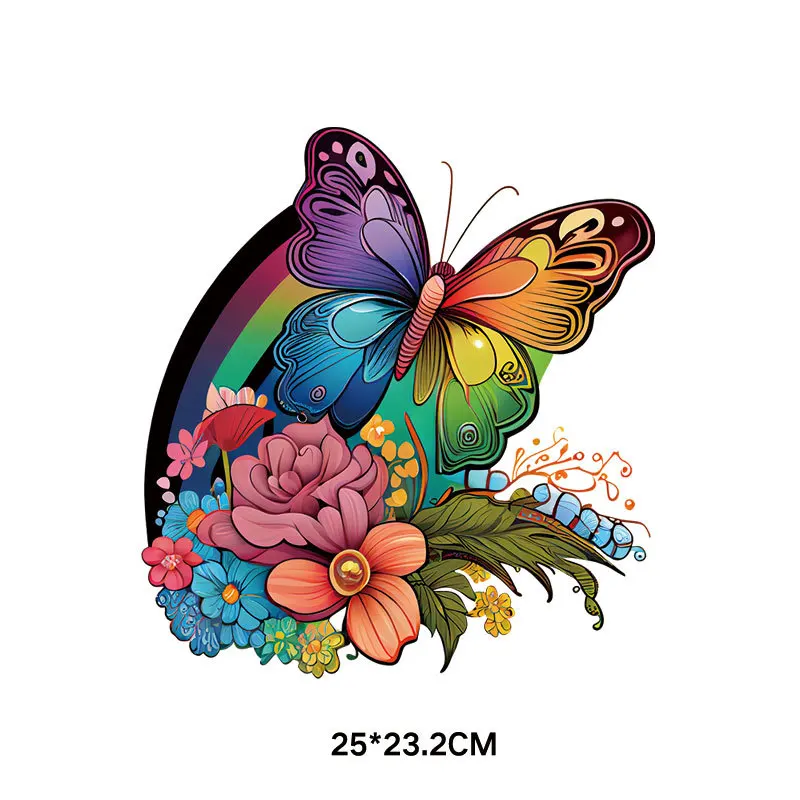 Nature and beautiful Flower Butterfly Heat Transfer Vinyl Patches Stickers Thermal for Clothing DIY T-shirt Applique