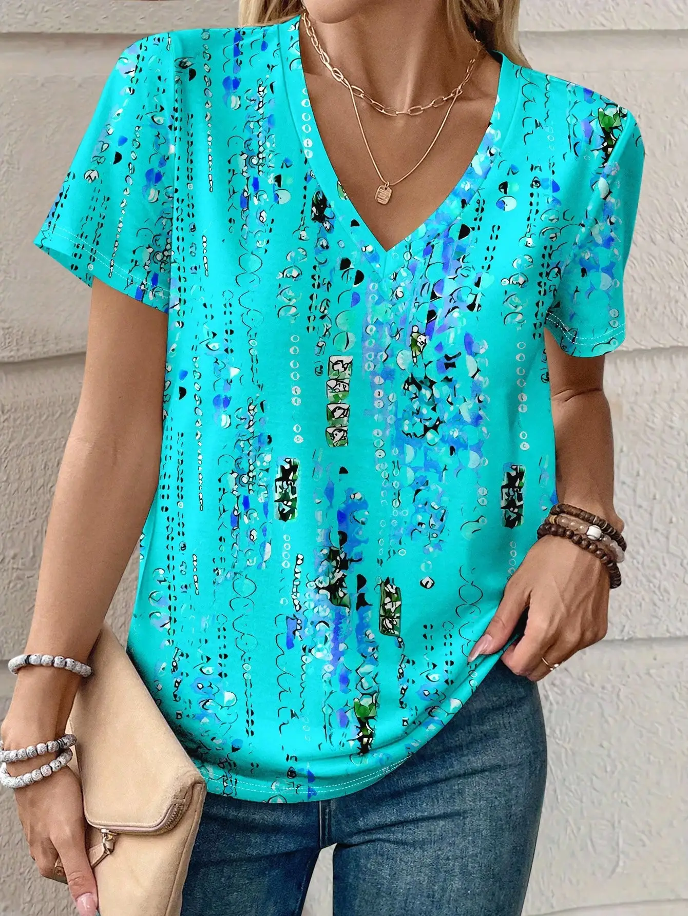 

Женская летняя повседневная футболка больших размеров с V-образным вырезом, короткими рукавами и графическим принтом