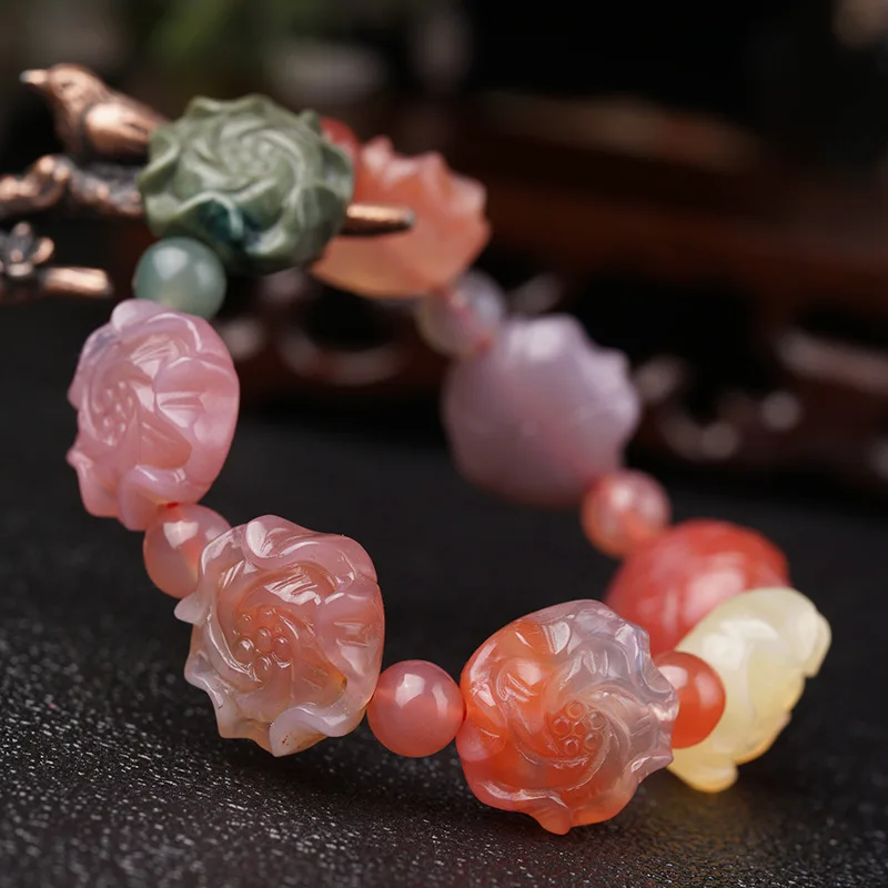 Yanyuan Agate Carved Peony Flower Candy Color Non-Red Men's Bracelet Crafts Ornament