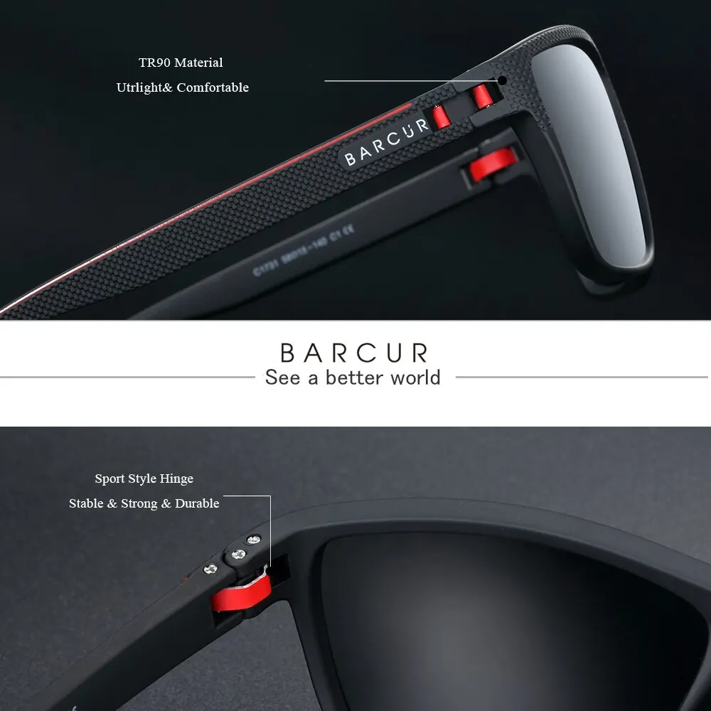 BARCUR 디자인 TR90 선글라스 남성 편광 경량 스포츠 태양 안경 여성 안경 액세서리 Oculos UVAB 보호