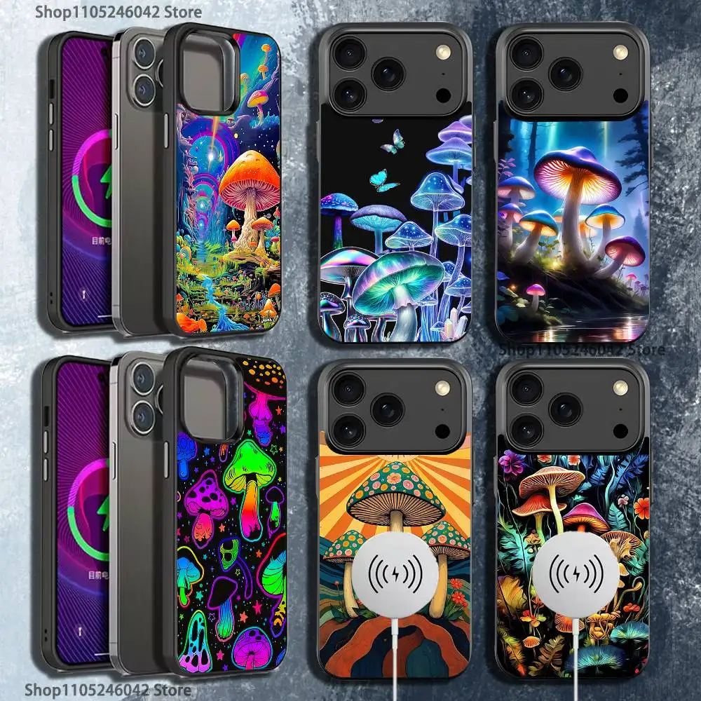 

Черный чехол для телефона Trippy Art Mushroom с магнитной беспроводной зарядкой для iPhone 17,16,15,14,13,12,11,Pro,Max,Plus,Mini,SE4,E