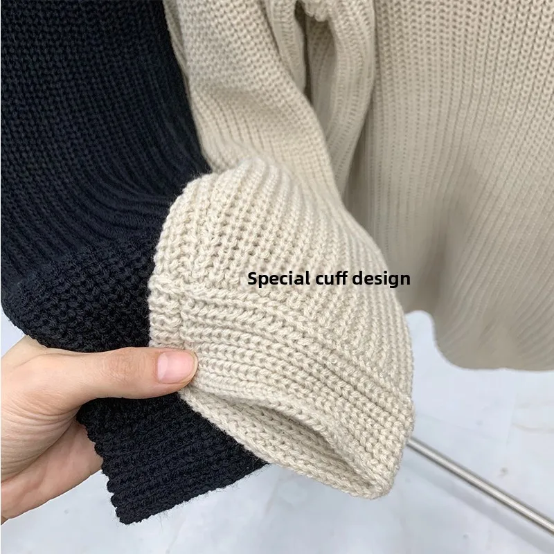 黒のゆったりとしたVネック長袖ニットウェア女性の2023新しい怠惰なスタイルの高級感のあるトップス甘いスタイル無地ラウンドネック