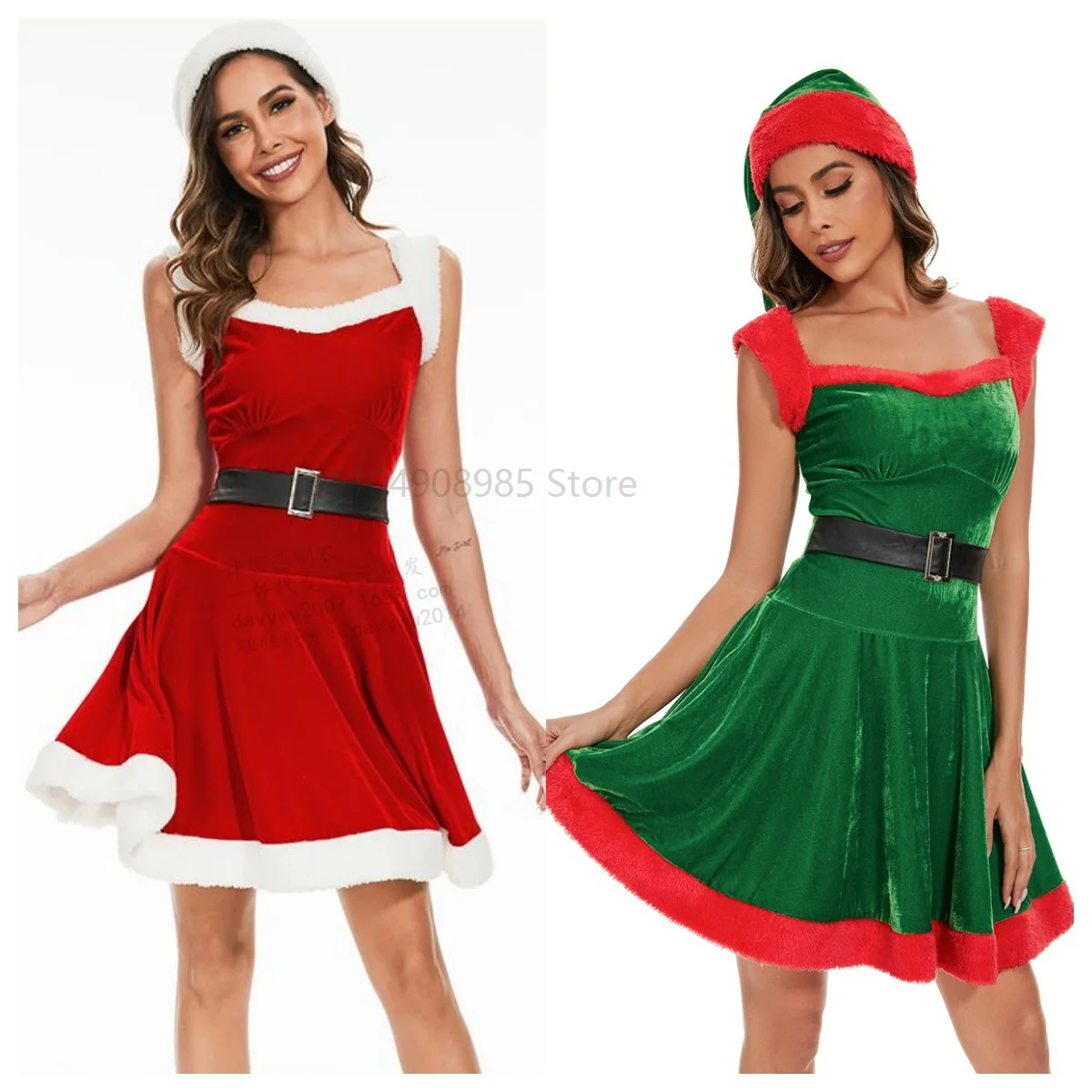 

Women's Christmas Santa Dress Fashion Claus Costume Belted Velvet Dresses Santa Hat Set Cosplay Outfits