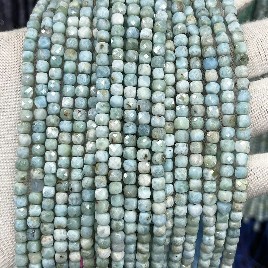 4mm Natural Crystal Larimar Handmade Sea Grain Stone Faceted Cube Loose Beads For DIY Jewelry Making Bracelet Necklace 15”