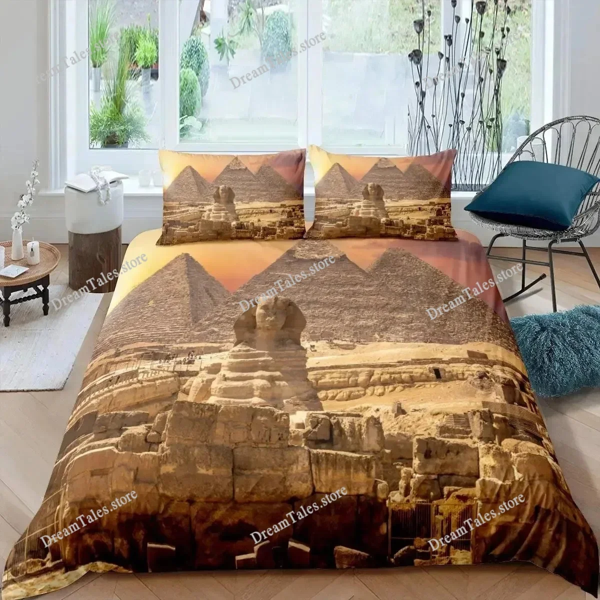 Ancient Egypt Tribe Duvet Cover Set,Pharaoh Bedding Sets,Egyptian Pyramids Exotic Style Comforter Full Queen Size Quilt Cover